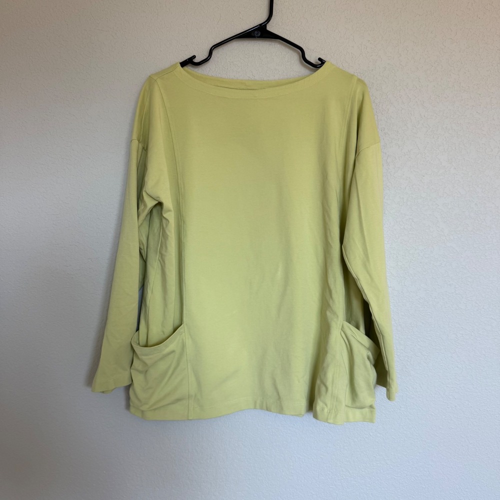 Eileen Fisher Green Cotton Spandex Boat Neck Pocket Top Medium Casual Relaxed